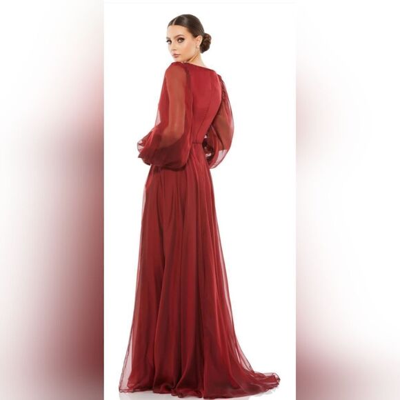 Mac Duggal SHEER BLOUSON SLEEVE GOWN NWT size 4 Garnet Red (67873) - Picture 2 of 6